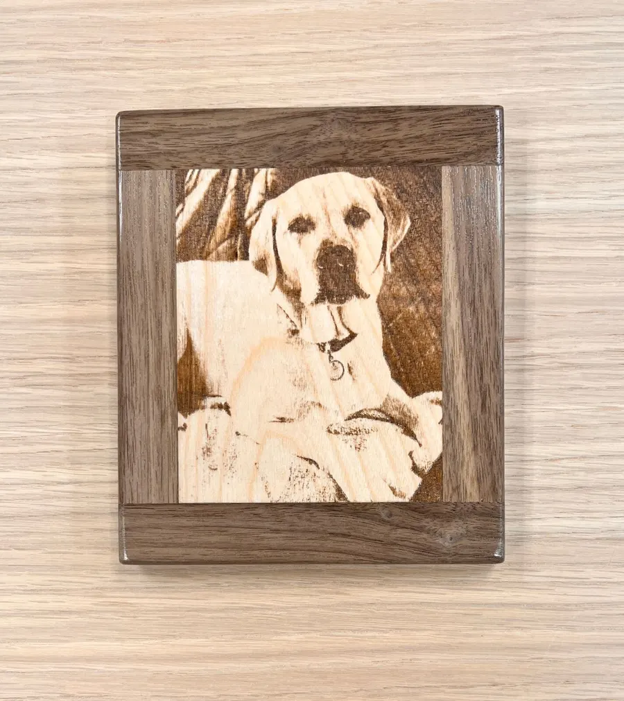 Custom wood pet PetPic of Buddy, laser engraved from a customer photo