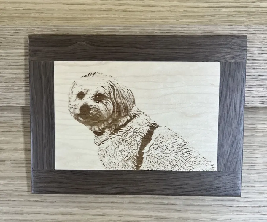 Custom wood pet PetPic of Charlie, laser engraved from a customer photo