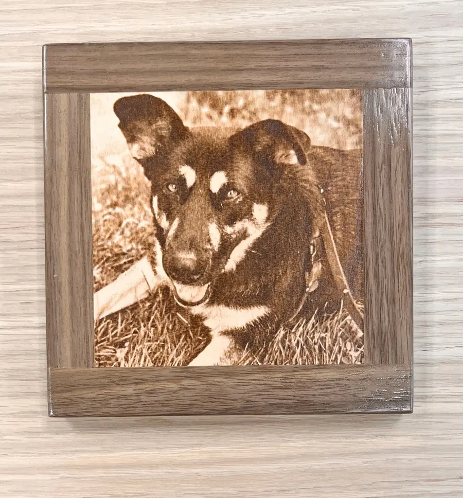 Custom wood pet PetPic of Scout, laser engraved from a customer photo